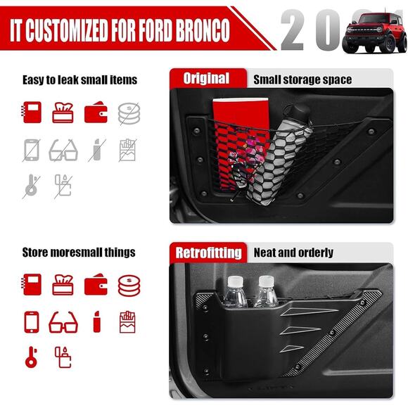 Front Door Storage Pockets Ford Bronco Accessories 2021 2022 2023 2024 Side Pock - Picture 11 of 14